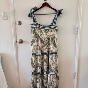 Ink Cream and Green Leaf Print Dress